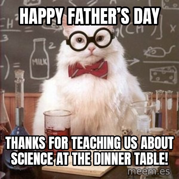 Chemistry Cat meme: Happy Father’s Day / Thanks for teaching us about science at the dinner table!
