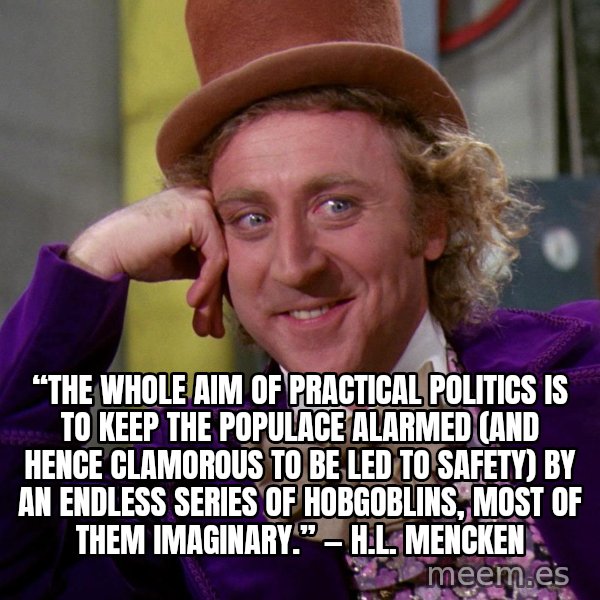 Willy Wonka meme: “The whole aim of practical politics is to keep the populace alarmed (and hence clamorous to be led to safety) by an endless series of hobgoblins, most of them imaginary.” ― H.L. Mencken