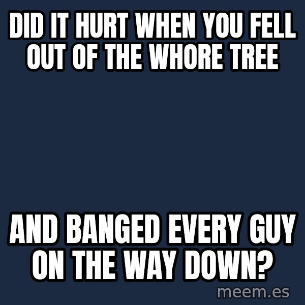 Blank Black meme: did it hurt when you fell out of the whore tree / and banged every guy on                               the way down?