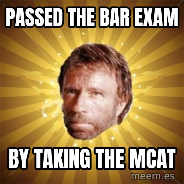 Chuck Norris Advice meme: Passed the bar exam / By taking the Mcat