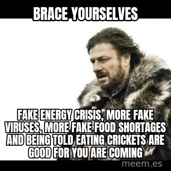 Winter is Coming meme: brace yourselves / fake energy crisis, more fake viruses, more fake food shortages and being told eating crickets are good for you are coming