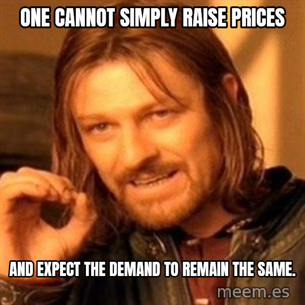 One Does Not Simply meme: One cannot simply raise prices / and expect the demand to remain the same.