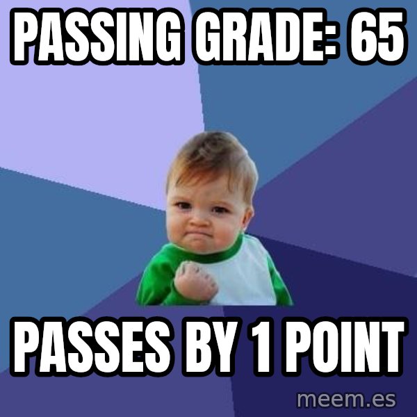 Success Kid meme: passing grade: 65 / passes by 1 point