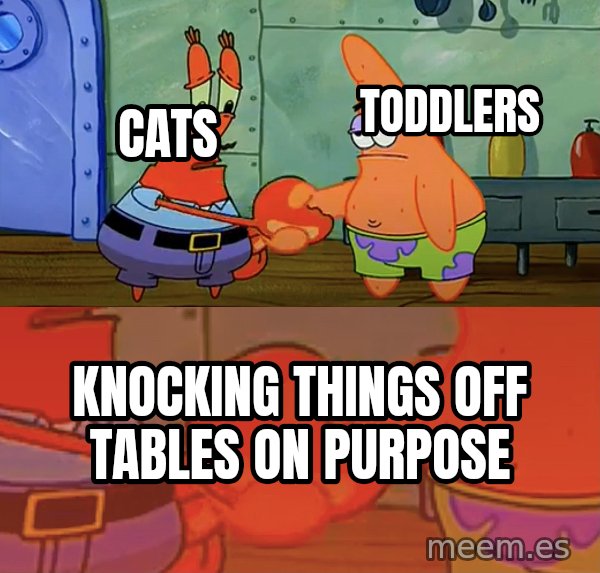 Mr. Krabs and Patrick Handshake meme: Cats / Toddlers / Knocking things off tables on purpose