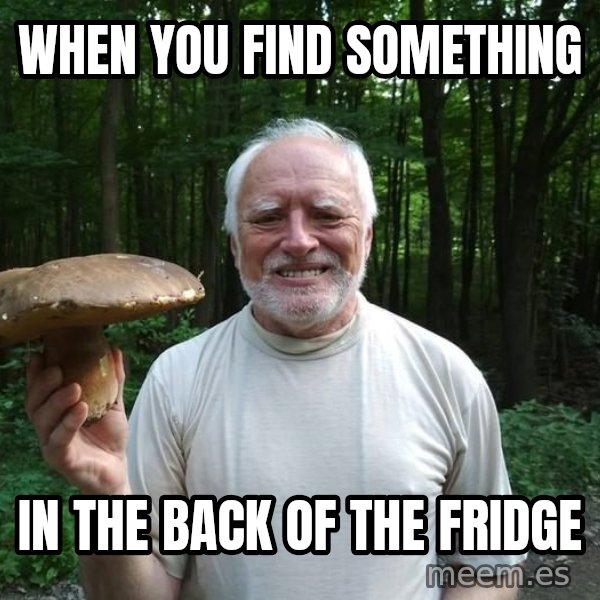 Harold's Mushroom meme: When you find something / in the back of the fridge