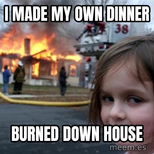 Disaster Girl meme: I made my own dinner / burned down house
