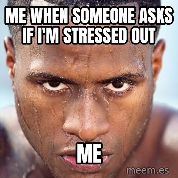 physical response meme: me when someone asks if I'm stressed out / Me