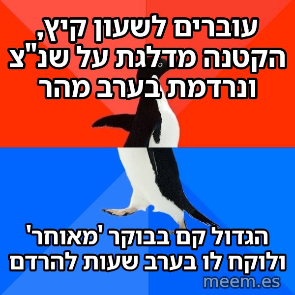 הפינגווין המביך meme: עוברים לשעון קיץ, הקטנה מדלגת על שנ"צ ונרדמת בערב מהר / הגדול קם בבוקר 'מאוחר' ולוקח לו בערב שעות להרדם