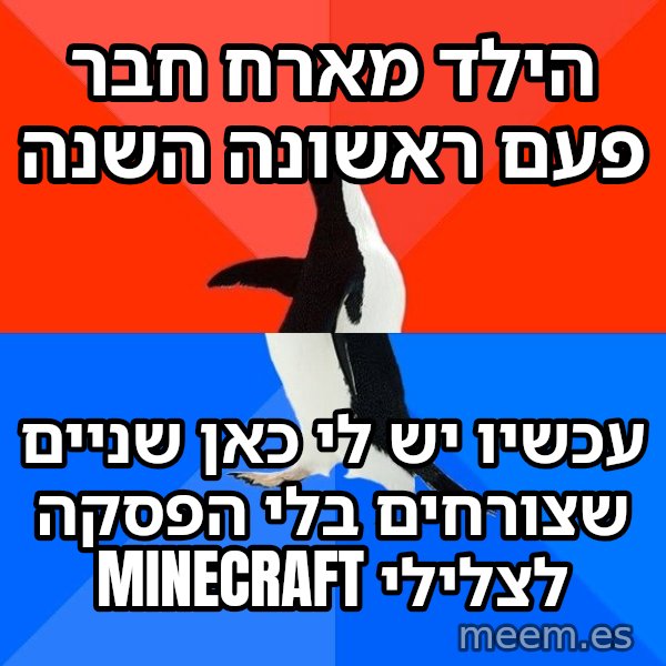 הפינגווין המביך meme: הילד מארח חבר פעם ראשונה השנה / עכשיו יש לי כאן שניים שצורחים בלי הפסקה לצלילי MineCraft
