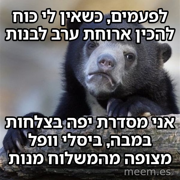 דוב הווידויים meme: לפעמים, כשאין לי כוח להכין ארוחת ערב לבנות / אני מסדרת יפה בצלחות במבה, ביסלי וופל מצופה מהמשלוח מנות